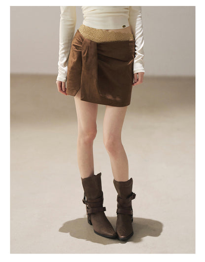 170726  "The Gentle Evening Breeze" Roasted Pecan Lace-Trim Faux Layered Wrap Mini Skirt