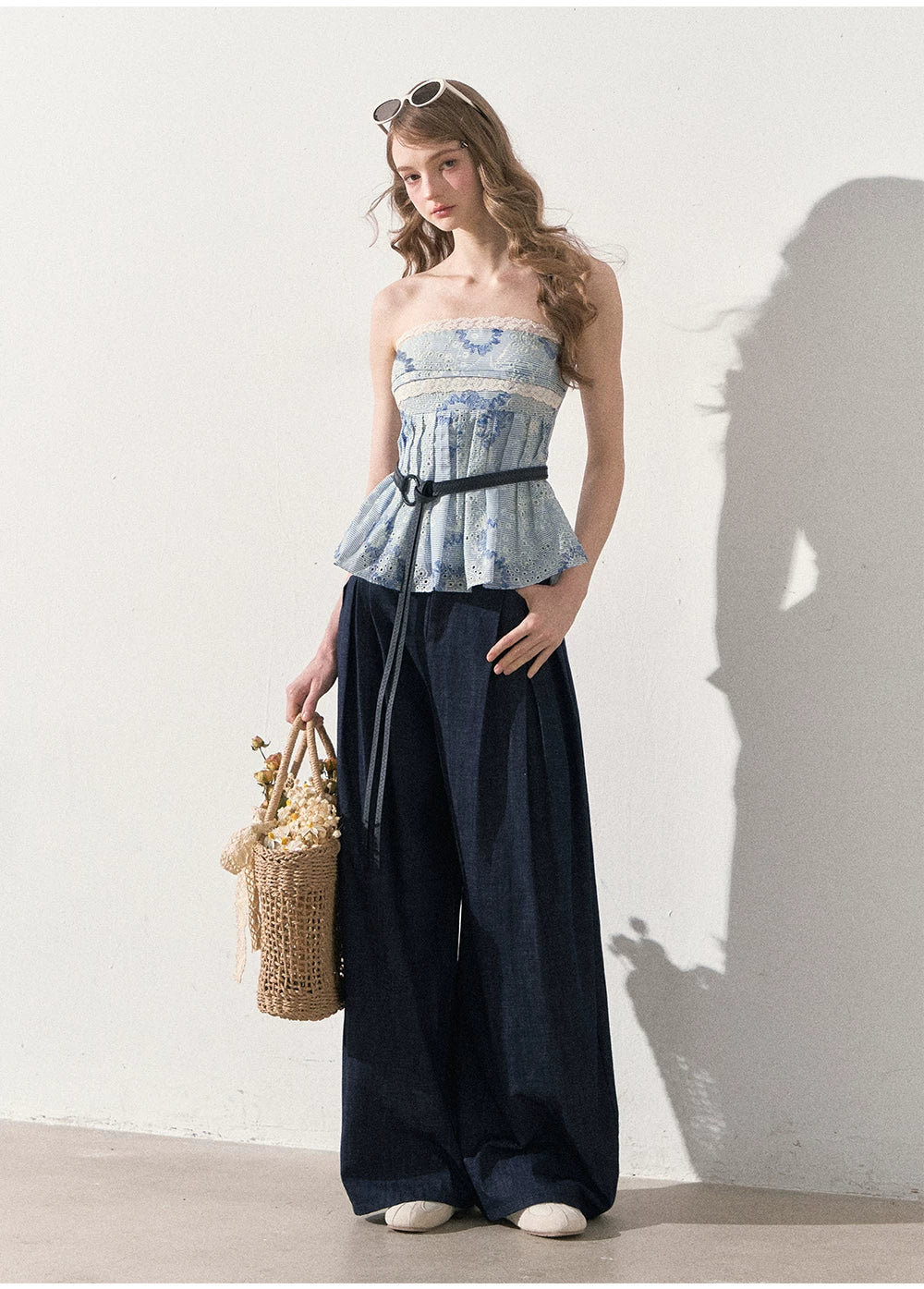 "Weekend Market" Blue Porcelain Peplum Tube Top