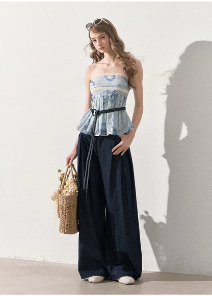 "Weekend Market" Blue Porcelain Peplum Tube Top