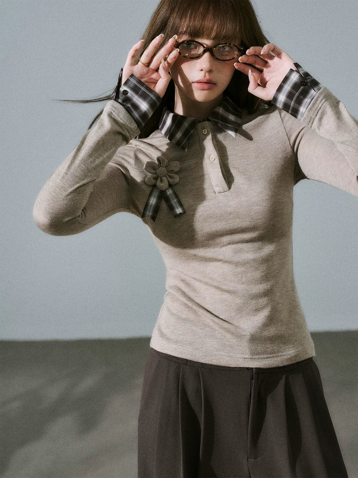 LOST FOREST - Brown Plaid Layered Knit Top with Detachable Brooch