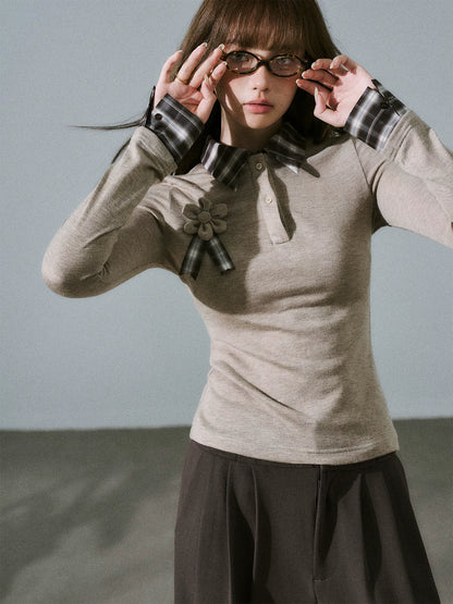 LOST FOREST - Brown Plaid Layered Knit Top with Detachable Brooch