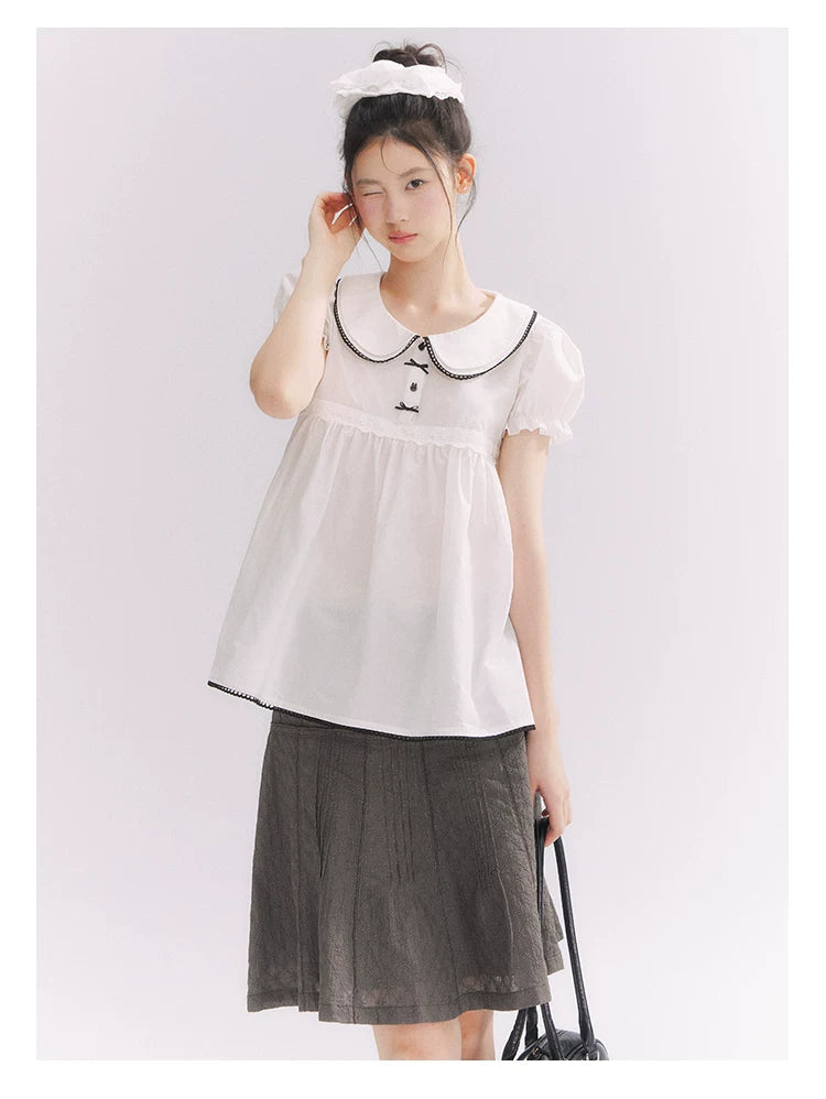 “Misty Texture” Gray Plaid Trim Embroidered A-Line Skirt
