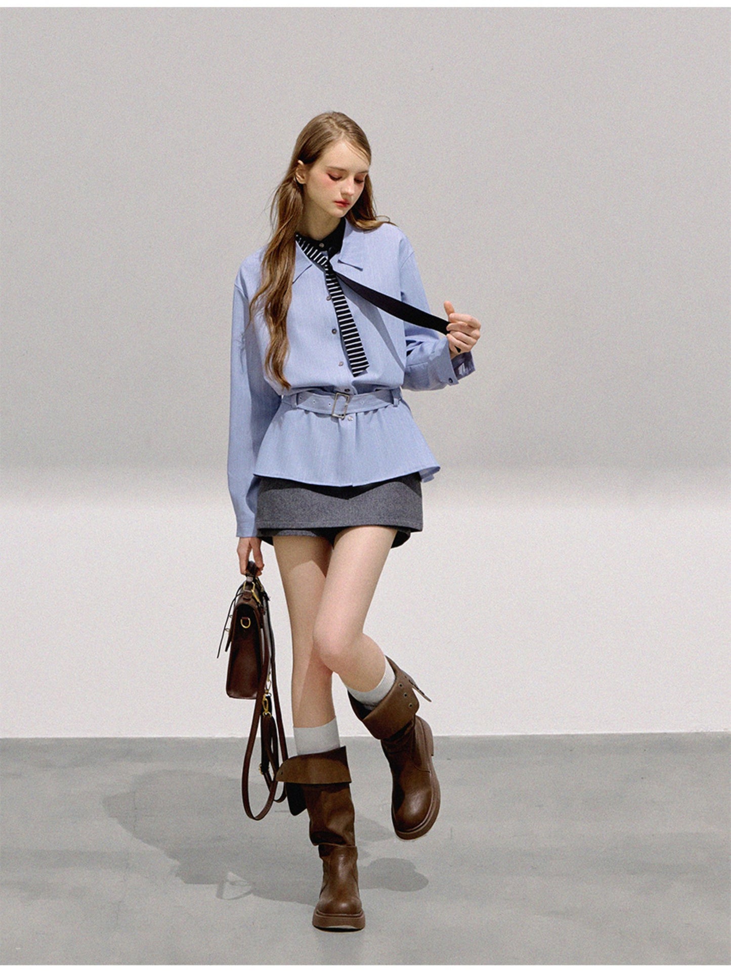 BOHOL BLING - Vintage Preppy Blue Striped Belted Loose Shirt