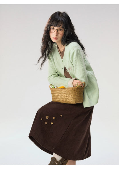 [CAN] "Autumn Letter" Bow Embroidered Faux-Layered Cable Knit Cardigan (Pink & White / Sage Green & Brown)