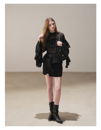 170726 "Veiled in the Evening Mist" Tranquil Black Ruffle Blouse