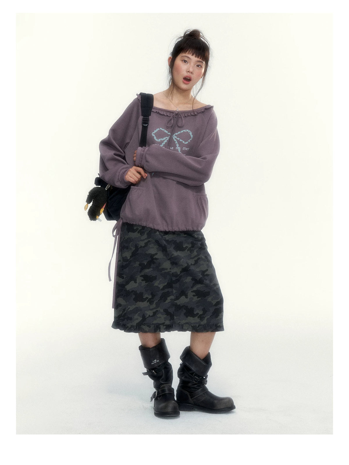 Deep Purple Bow-Tie Lettuce-Trim Off-Shoulder Sweatshirt