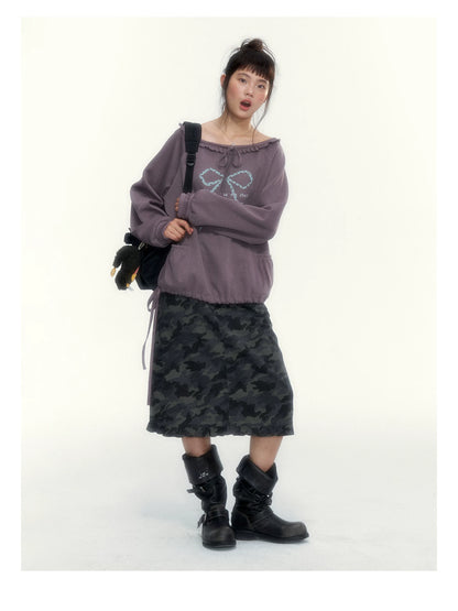 Deep Purple Bow-Tie Lettuce-Trim Off-Shoulder Sweatshirt