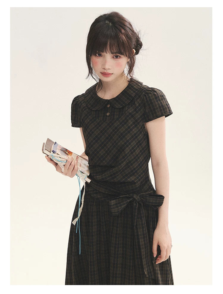 "Vintage Scholar" Black Brown Plaid Bow Tie Peter Pan Collar Maxi Dress
