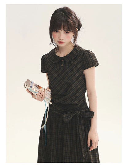 "Vintage Scholar" Black Brown Plaid Bow Tie Peter Pan Collar Maxi Dress