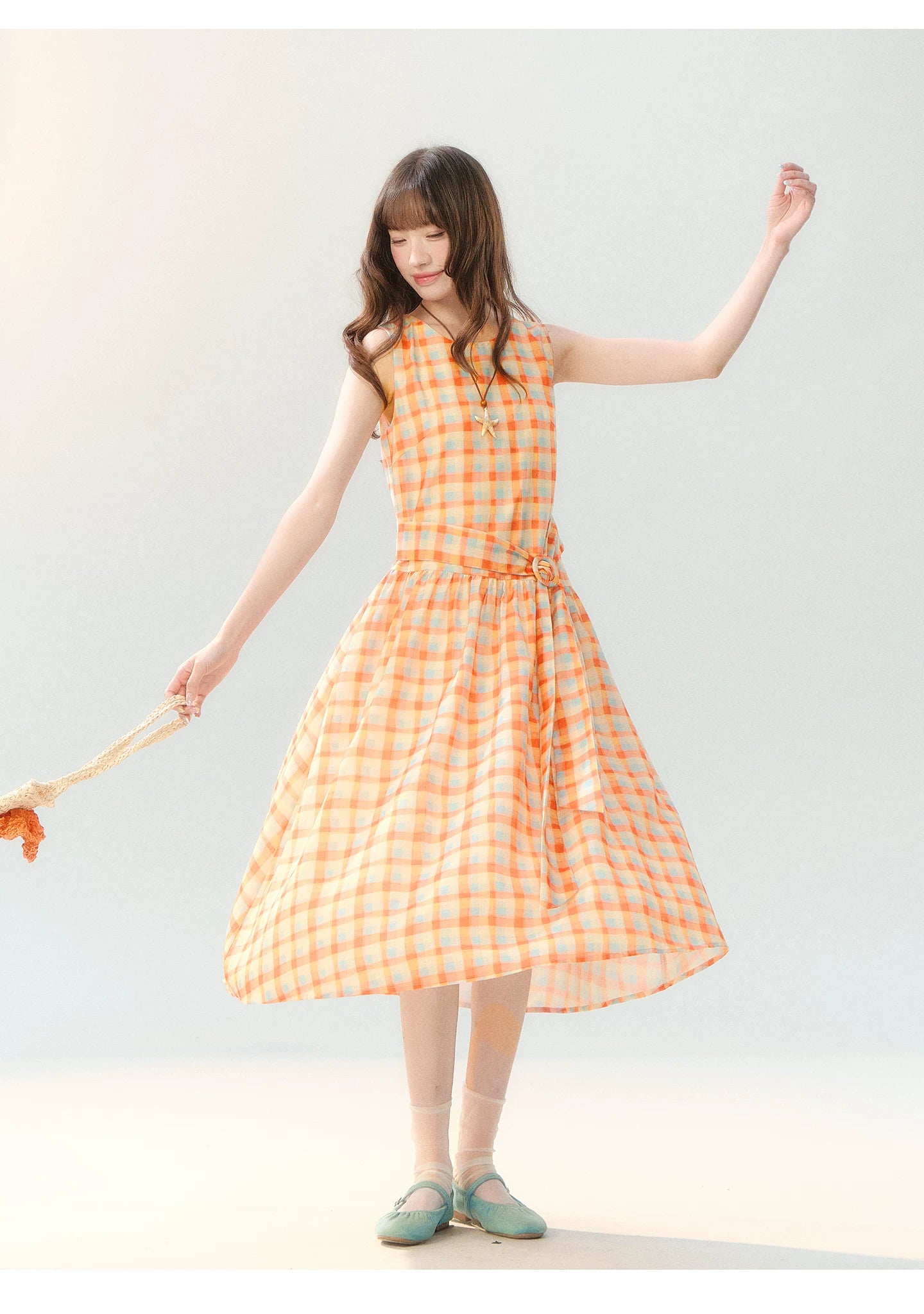 "Orange Sugar Cube" Tangerine Plaid Tie-Waist Sleeveless Dress SH2026201