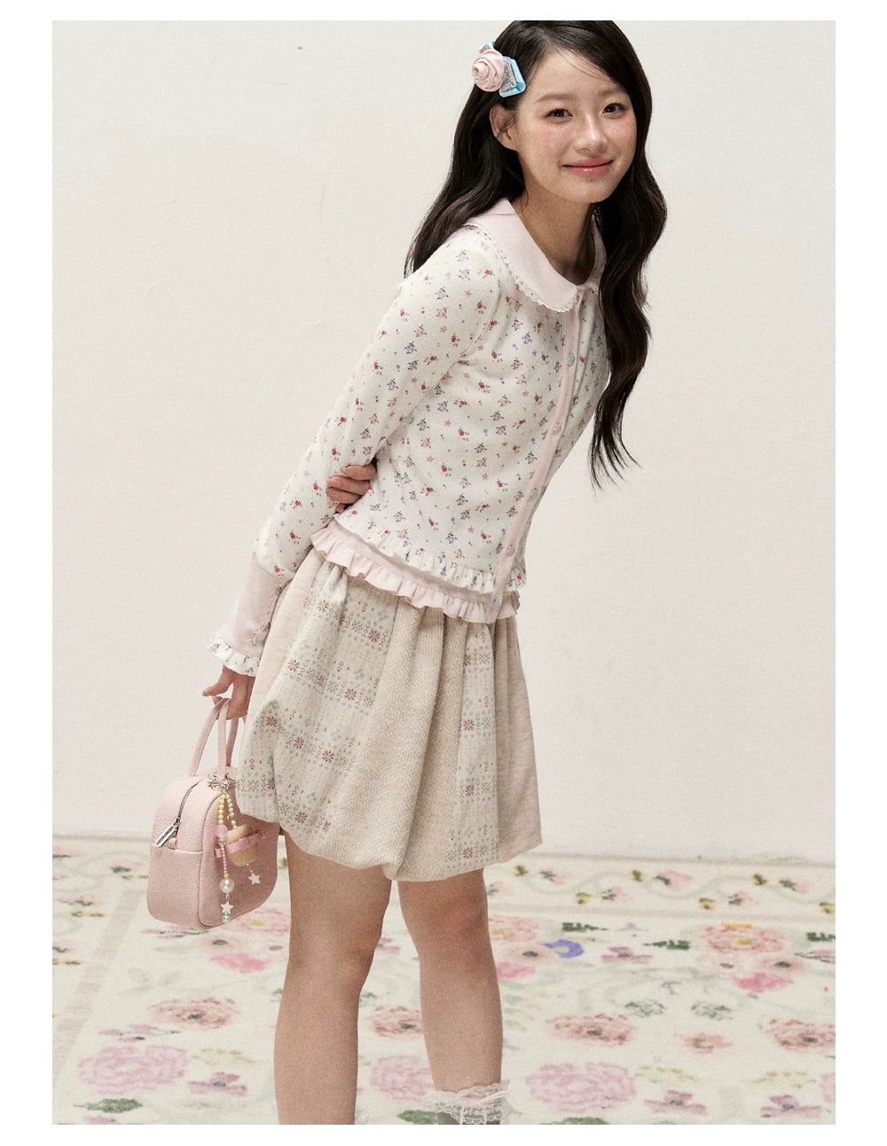[RF] Vintage Floral Patchwork Knit Bubble Skirt in Blush Pink