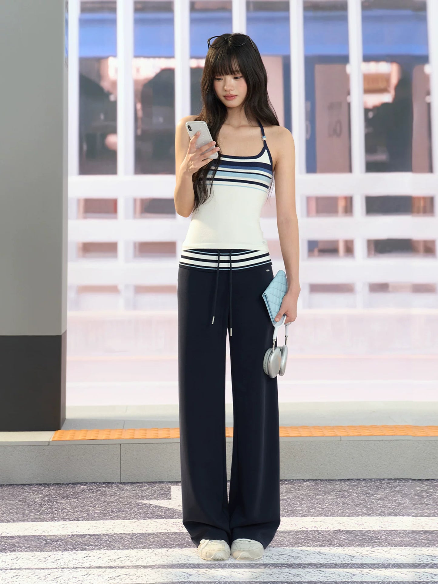 "Varsity Arrival" White Striped Beaded Halter Knit Tank