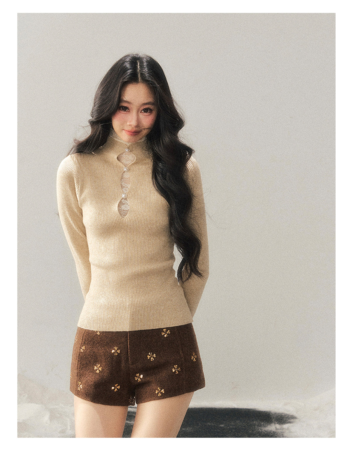 040126 "Lacewoven Dream" Mock Neck Layered Lace Knit Top - Cream Apricot