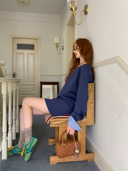 Navy One-Shoulder Sweatshirt & Skirt Set