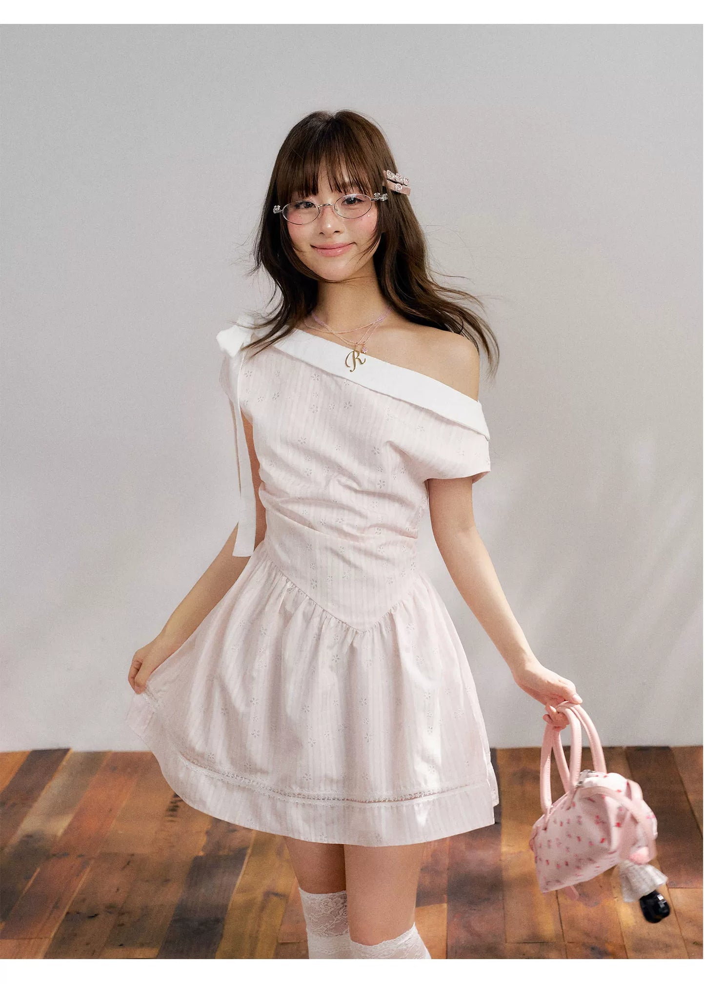 “Cloud Ballet Reverie” Blush Pink Off-Shoulder Dress