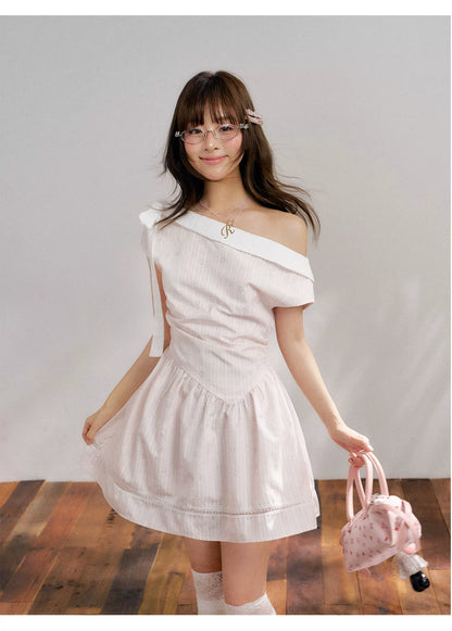 “Cloud Ballet Reverie” Blush Pink Off-Shoulder Dress