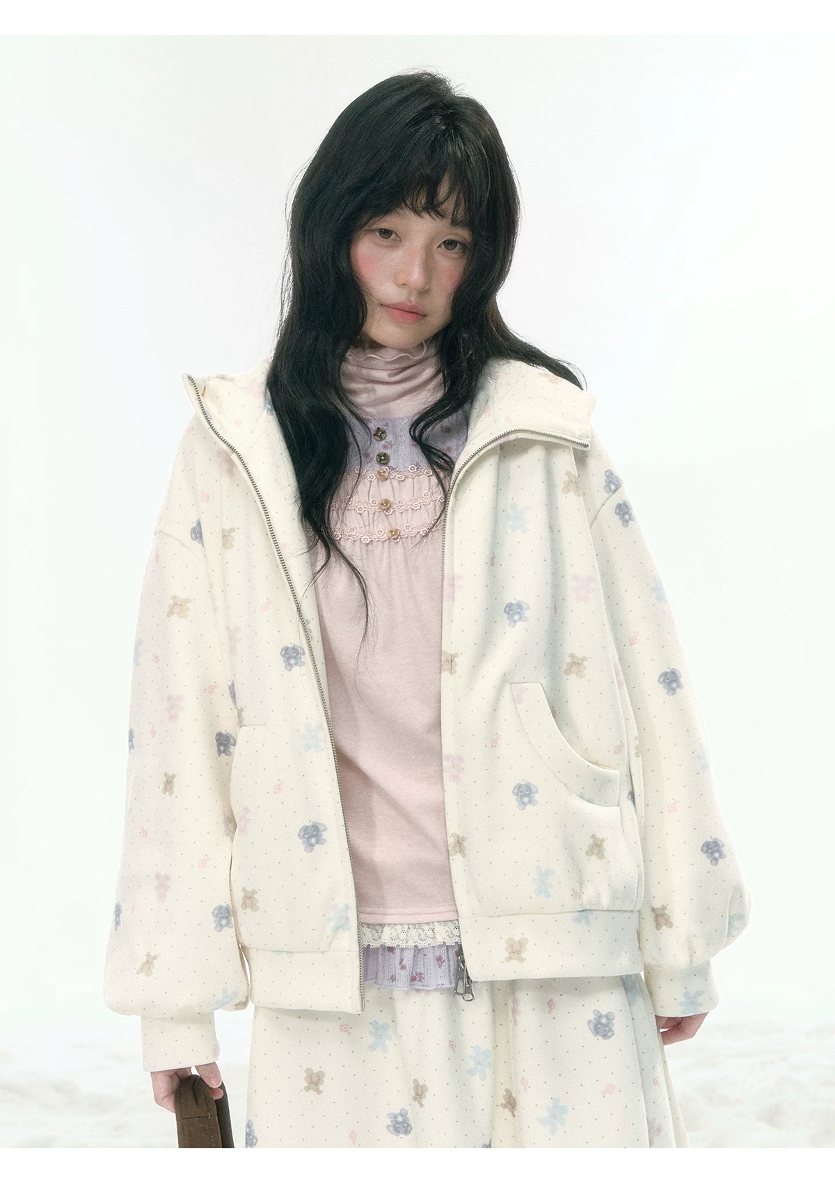 JOVYLLE - Cream Printed Fleece-Lined Sweatshirt, Pants & Skirt Set