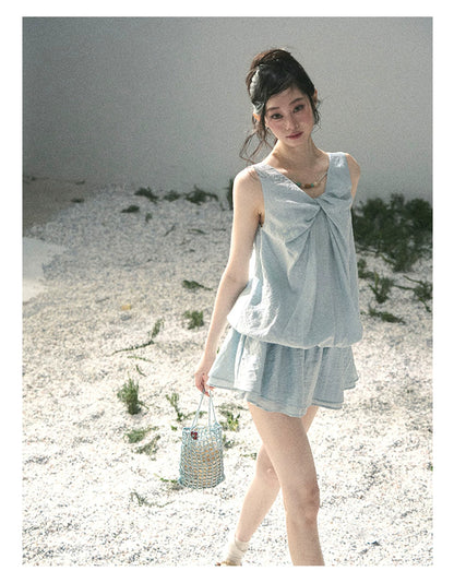 “Whispering Grass” Moonlight Blue Twist Mini Dress