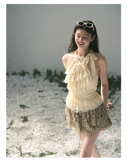 “Lost in Your Embrace” Roasted Pecan Lace Puff Skort