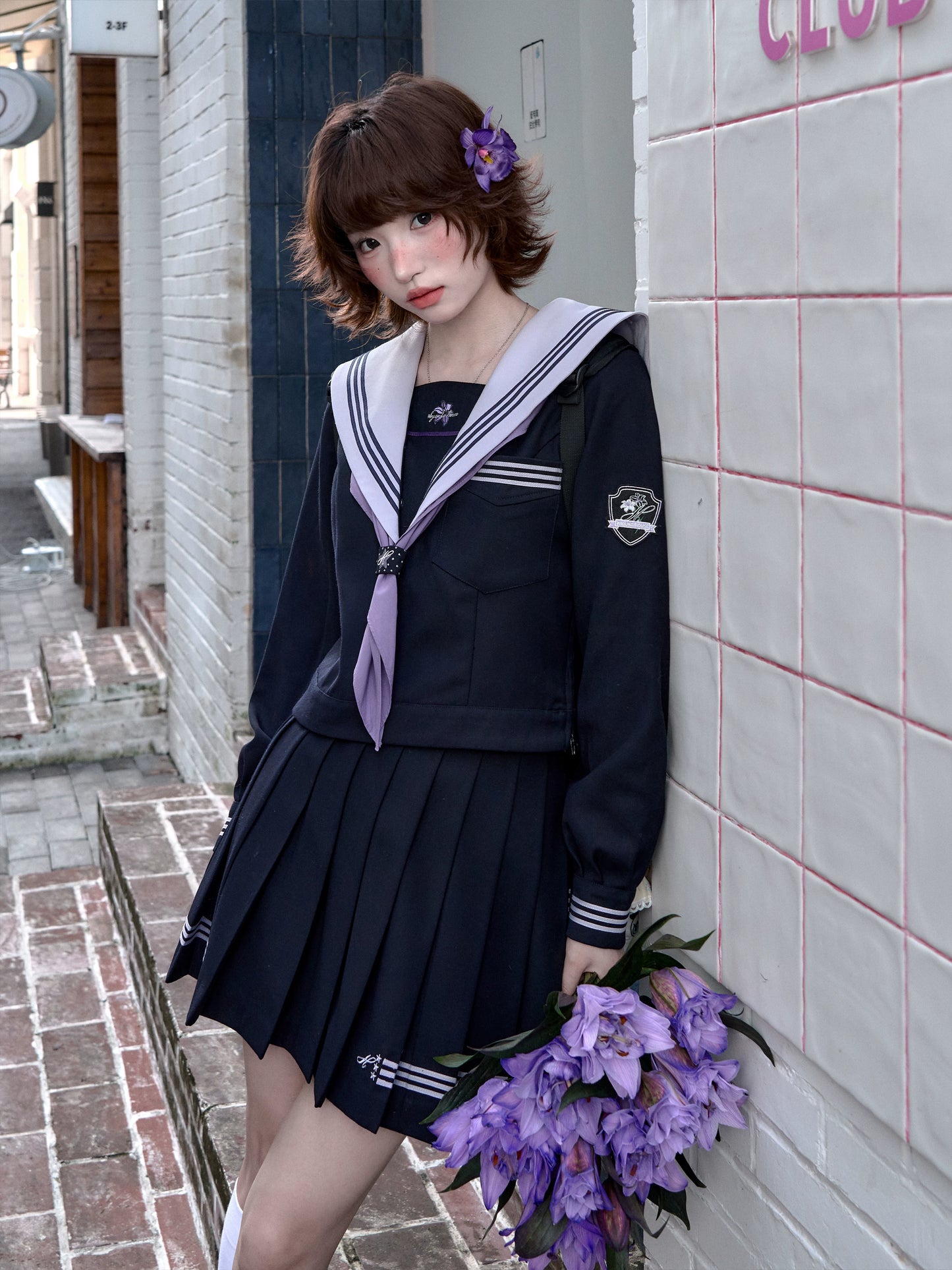 "Snow-Cleared Lily" Gray-Lilac JK Long-Sleeve Sailor Uniform Set