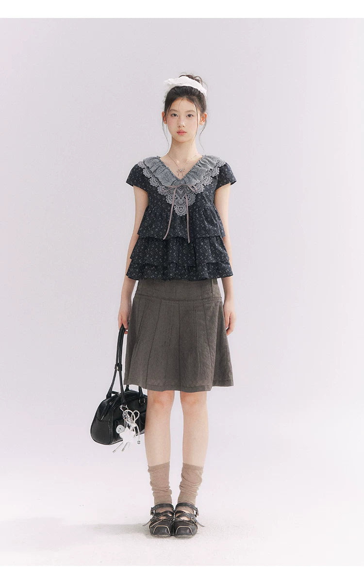 “Midnight Petal” Gray-Black Floral Top & Tiered Dress