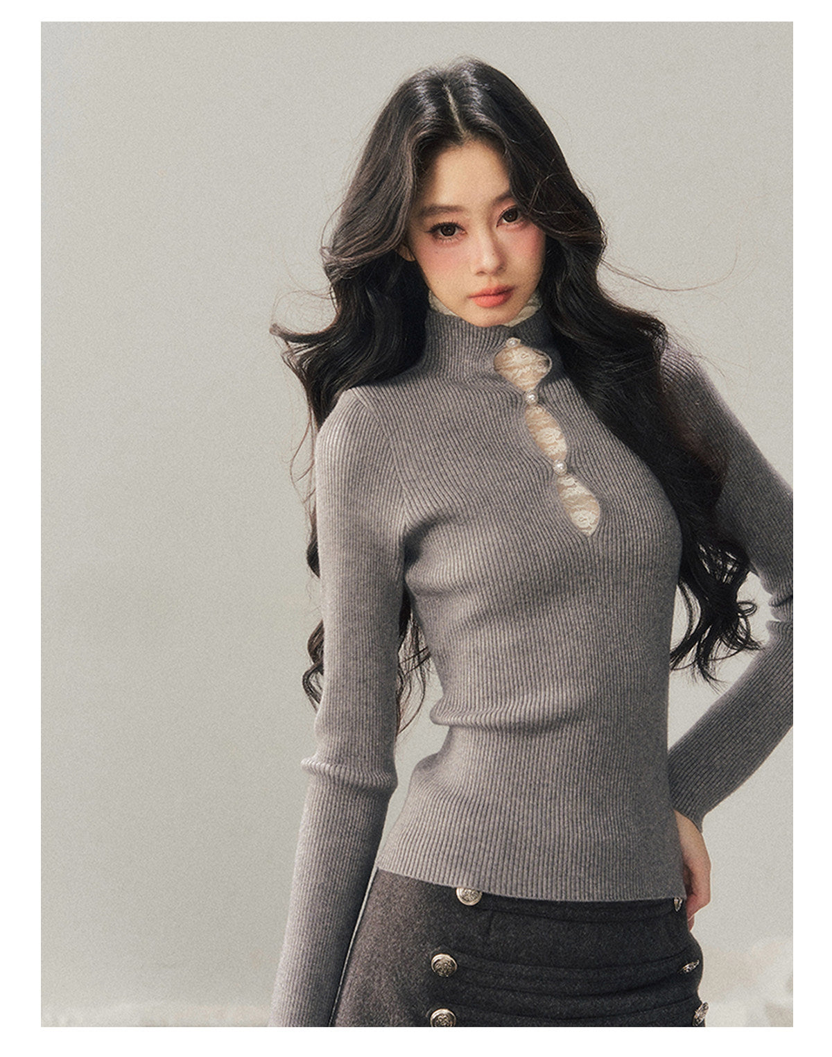 040126 "Lacewoven Dream" Mock Neck Layered Lace Knit Top - High-Intellect Gray