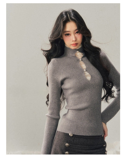 040126 "Lacewoven Dream" Mock Neck Layered Lace Knit Top - High-Intellect Gray