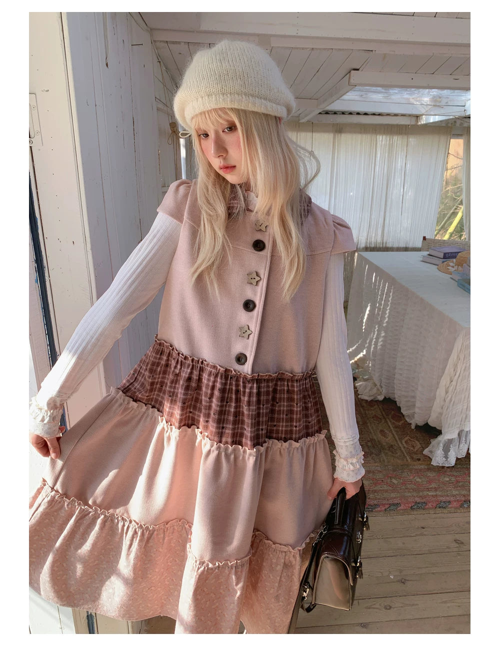 RF - Dusty Pink Patchwork Sleeveless A-Line Dress with Star Buttons