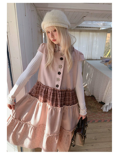 RF - Dusty Pink Patchwork Sleeveless A-Line Dress with Star Buttons