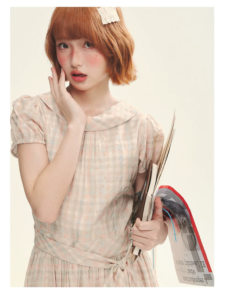 "Showa Girl" Vintage Plaid Floral Print Peter Pan Collar Bow Waist-Defined A-Line Dress