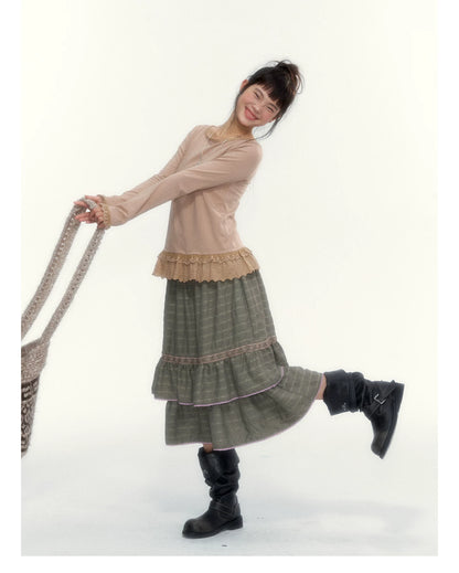 Dried Grass Green Vintage Lace Tiered A-Line Skirt