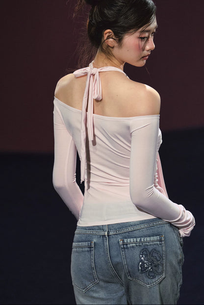 Lyocell Layered Halter Off-Shoulder Ruched Floral Top (White/ Pink)