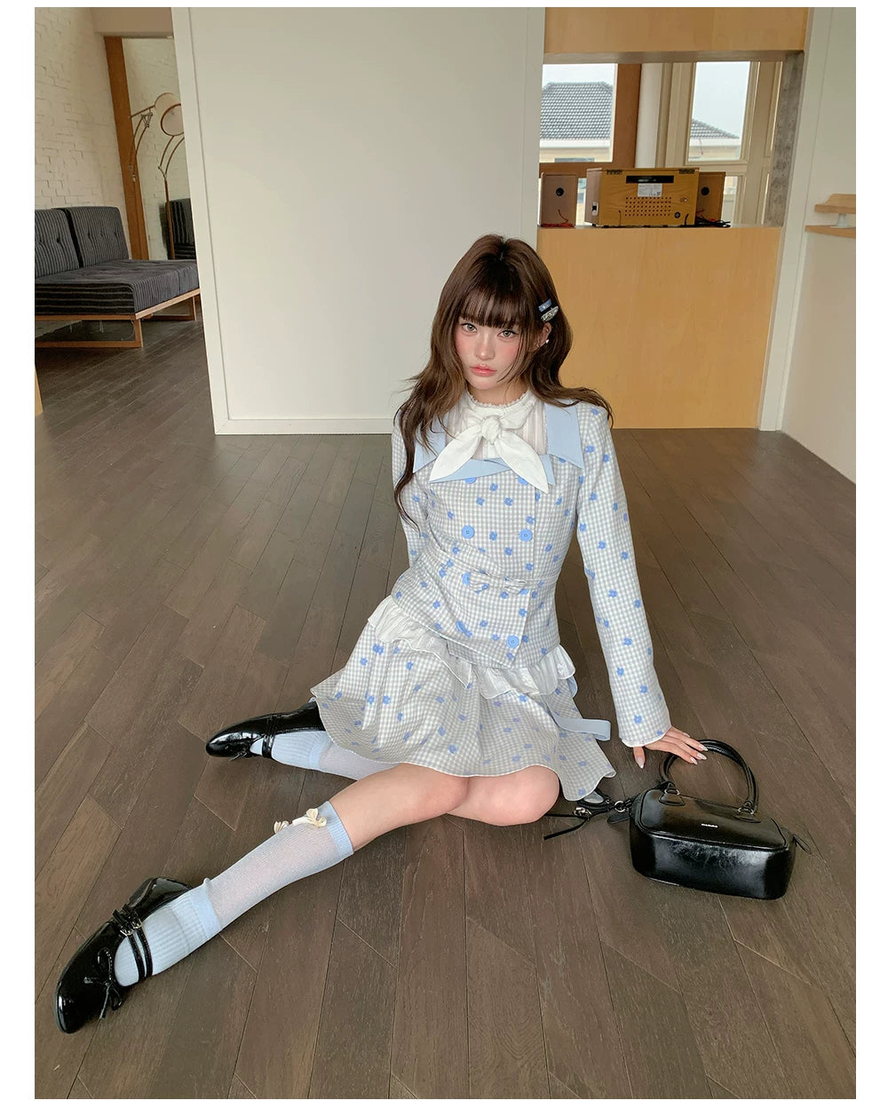 “Bluebell Letter” Light Blue Plaid Blazer Top & Ribbon Skirt