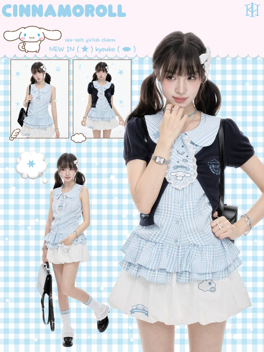 Two Ways to Wear! Cinnamoroll Cropped Cardigan / Round-Neck Blouse / Bubble Skort