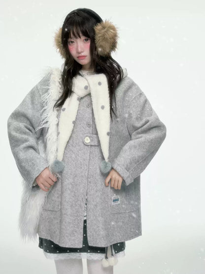 BIBIBENCY - Gray Wool-Blend Single-Breasted Coat (With White Scarf)
