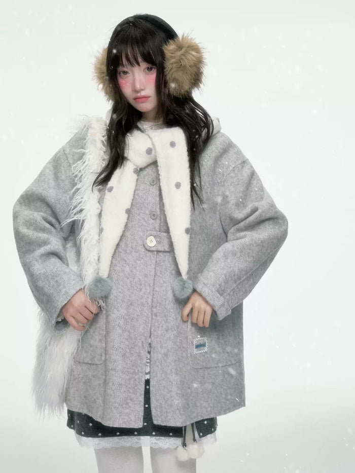 BIBIBENCY - Gray Wool-Blend Single-Breasted Coat (With White Scarf)