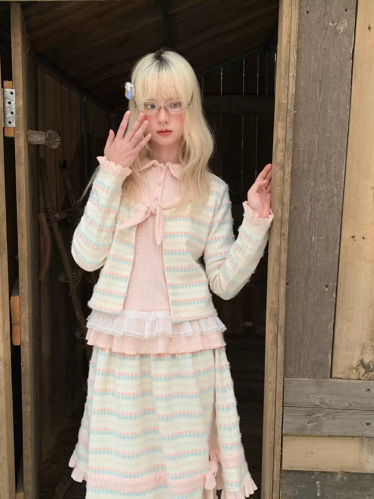 RF - Candy Stripe Floral Knit Cardigan and Midi Skirt Set