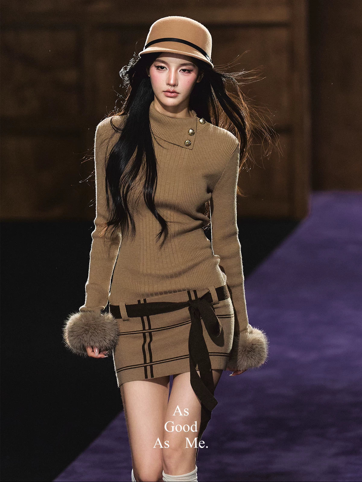 "Winter Whisper" Light Khaki Mock Neck Knit Mini Dress