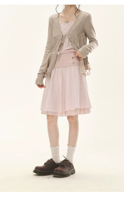 "Roasted Tea Heart" Milk Tea Faux-Layer Lace Cardigan & Skirt Set