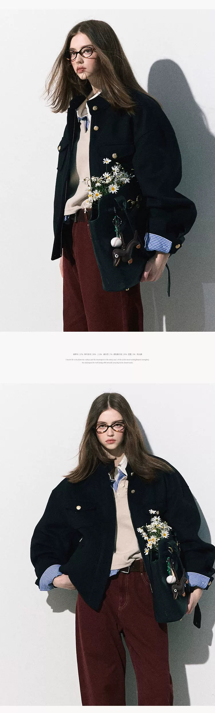 OAKMOO/ "Plum Blossom Mood" Classic Black Wool-Blend Harrington Jacket