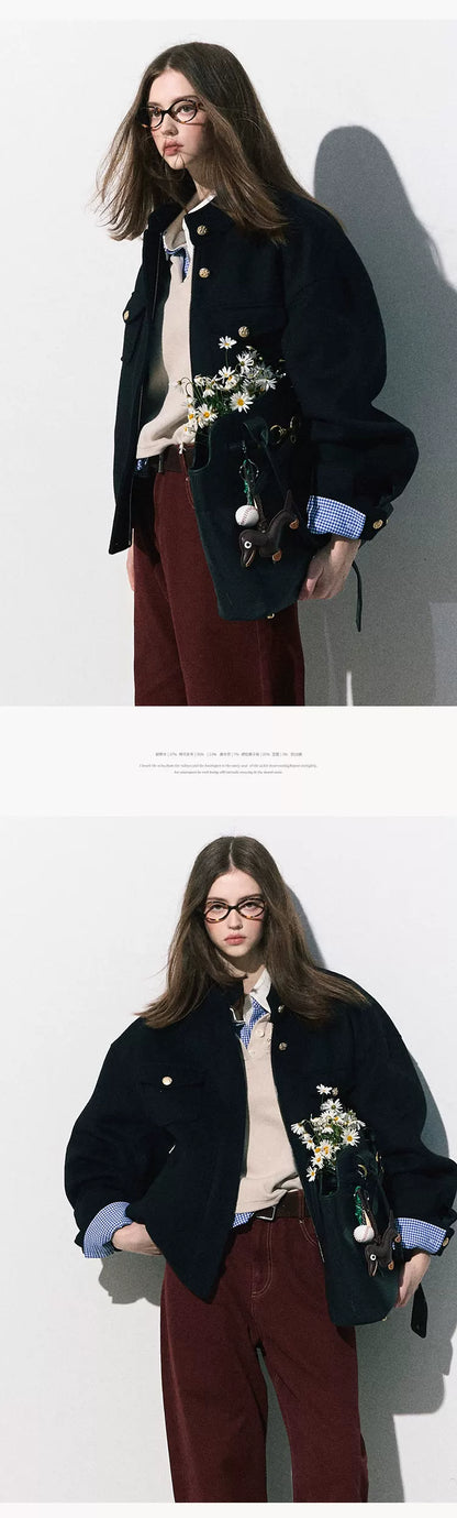 OAKMOO/ "Plum Blossom Mood" Classic Black Wool-Blend Harrington Jacket