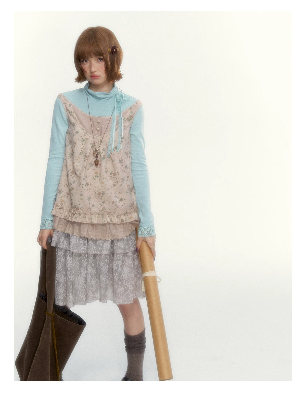 “Mint Milk Pudding” Mint Blue Lace-Trimmed Mock Neck Knit Top