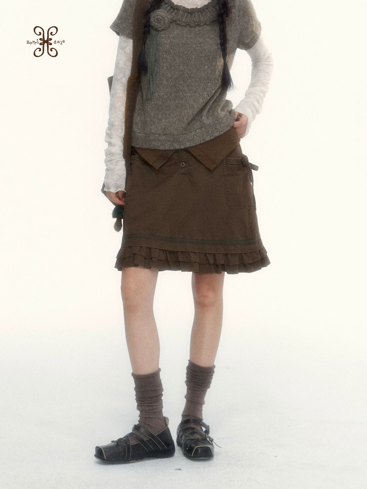 “Wild Caramel” Brown Washed Layered Ruffle Bow Pocket A-Line Skirt