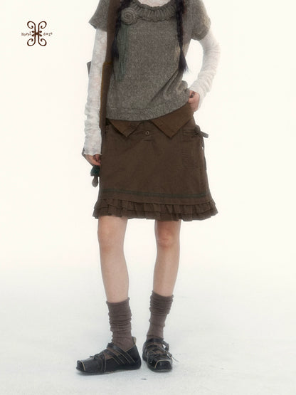 “Wild Caramel” Brown Washed Layered Ruffle Bow Pocket A-Line Skirt