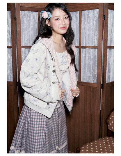 [RF] Vintage Floral Waffle Knit Hoodie Cardigan with Gingham Lining