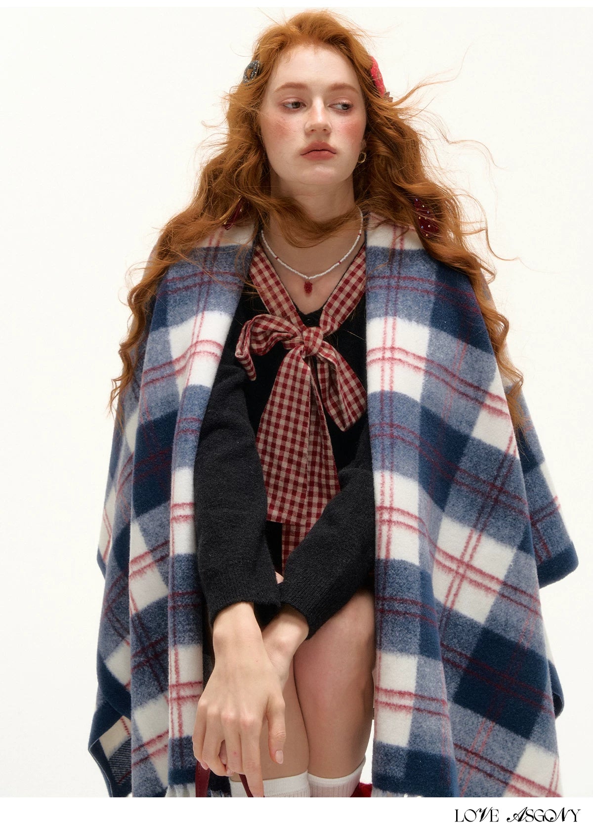 ASGONY - Navy Plaid Fringe Wrap Scarf