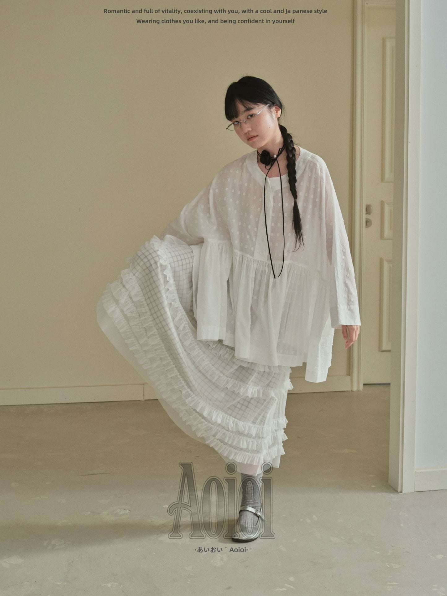 "Soft Polka Whisper" White Long Sleeve Babydoll Midi Dress
