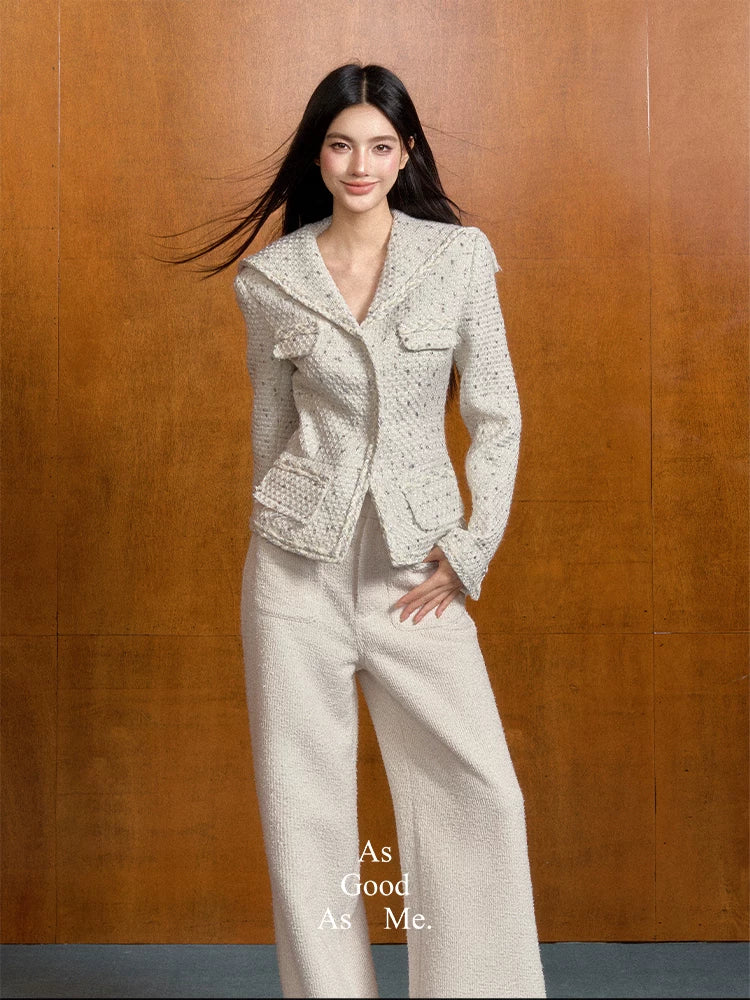 "Winter Heiress" White Tweed Sailor Collar Jacket
