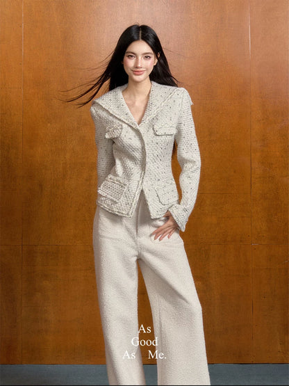 "Winter Heiress" White Tweed Sailor Collar Jacket