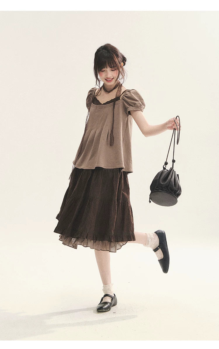 "Faded Bloom" Deep Brown Red Lace Trim Tiered A-Line Skirt